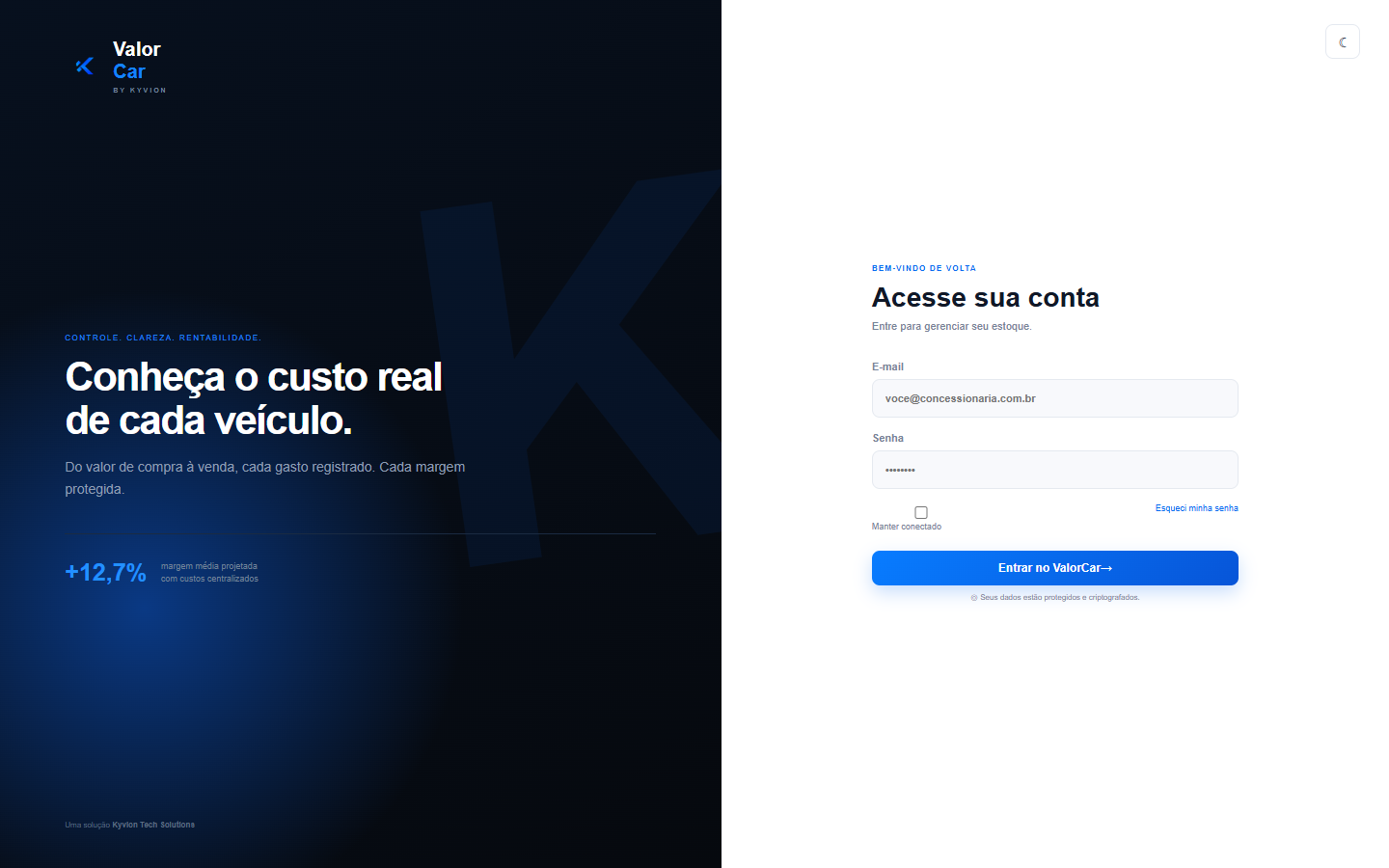 Tela de acesso do ValorCar